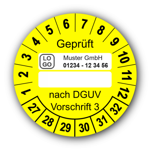 Geprüft … nach DGUV Vorschrift 3, gelb (zum Selbstbeschriften), mit Wunschtext