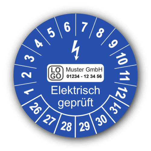 Elektrisch geprüft, blau, mit Wunschtext