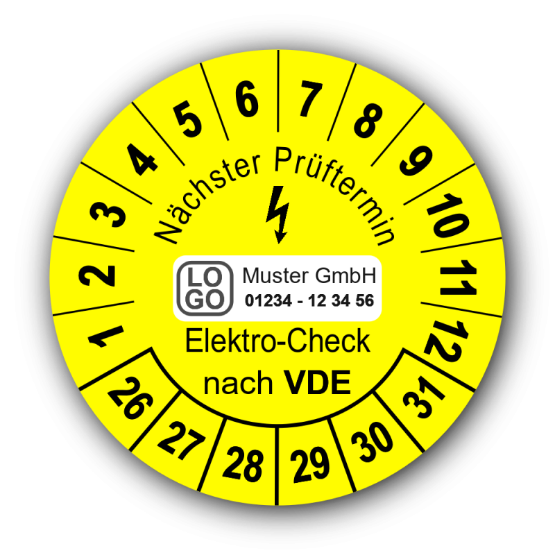 Nächster Prüftermin Elektro-Check nach VDE, gelb, mit Wunschtext