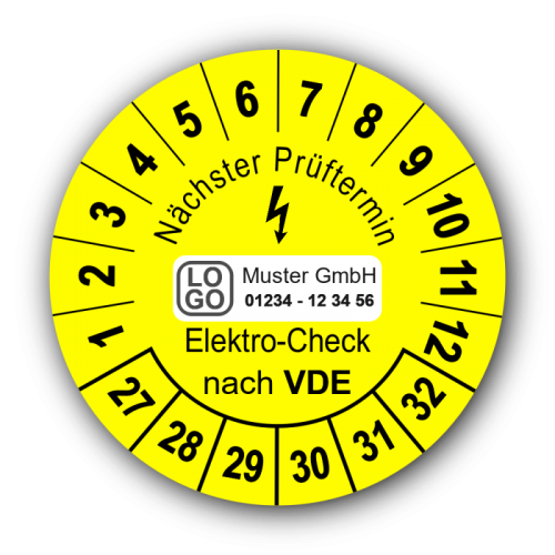 Nächster Prüftermin Elektro-Check nach VDE, gelb, mit Wunschtext