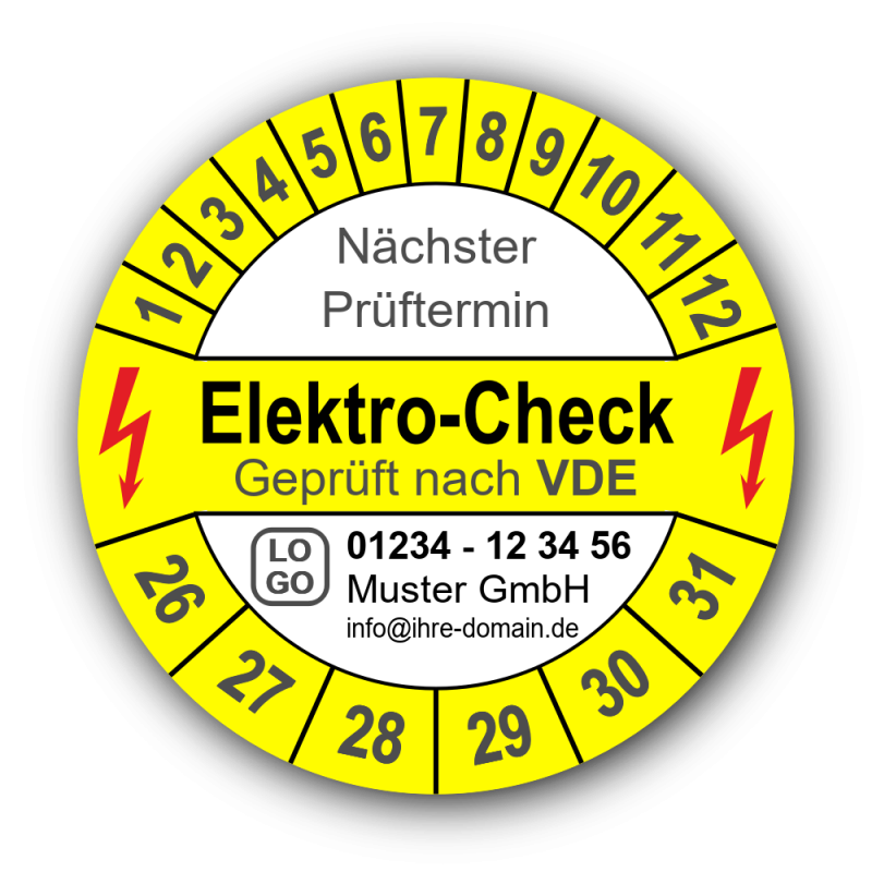 Elektro-Check Nächster Prüftermin Geprüft nach VDE, gelb, mit Wunschtext