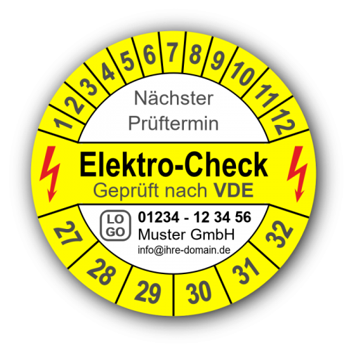 Elektro-Check Nächster Prüftermin Geprüft nach VDE, gelb, mit Wunschtext
