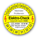 Elektro-Check Nächster Prüftermin Geprüft nach VDE, gelb, mit Wunschtext