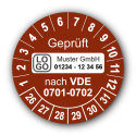 Geprüft nach VDE 0701-0702, braun, mit Wunschtext