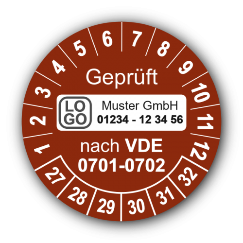 Geprüft nach VDE 0701-0702, braun, mit Wunschtext