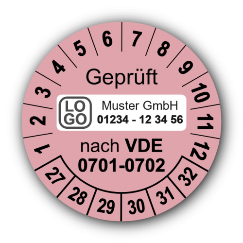 Geprüft nach VDE 0701-0702, rosa, mit Wunschtext