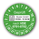 Geprüft nach VDE 0701-0702, grün, mit Wunschtext