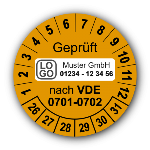 Geprüft nach VDE 0701-0702, orange, mit Wunschtext