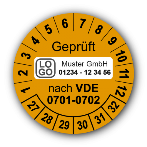 Geprüft nach VDE 0701-0702, orange, mit Wunschtext