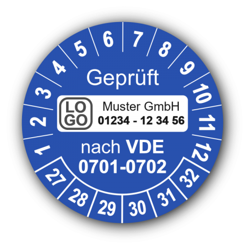 Geprüft nach VDE 0701-0702, blau, mit Wunschtext