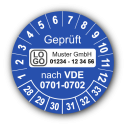 Geprüft nach VDE 0701-0702, blau, mit Wunschtext