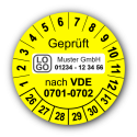 Geprüft nach VDE 0701-0702, gelb, mit Wunschtext