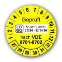 Geprüft nach VDE 0701-0702, gelb, mit Wunschtext