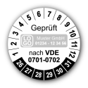 Geprüft nach VDE 0701-0702, weiß, mit Wunschtext