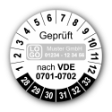 Geprüft nach VDE 0701-0702, weiß, mit Wunschtext