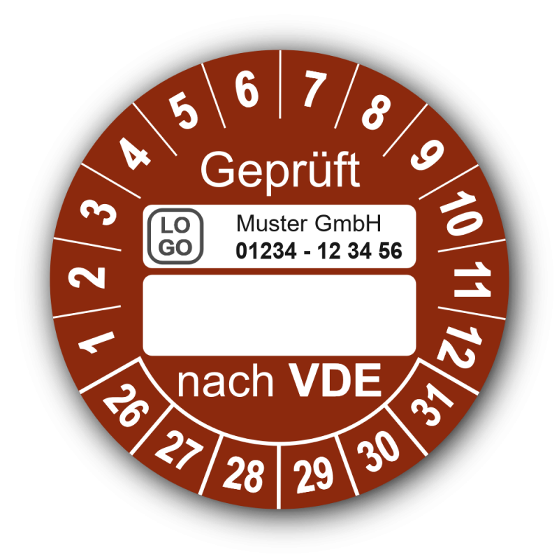Geprüft nach VDE…, braun (zum Selbstbeschriften), mit Wunschtext