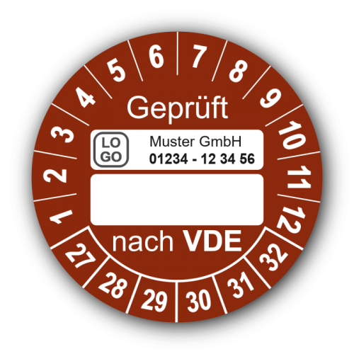 Geprüft nach VDE…, braun (zum Selbstbeschriften), mit Wunschtext