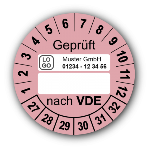 Geprüft nach VDE…, rosa (zum Selbstbeschriften), mit Wunschtext