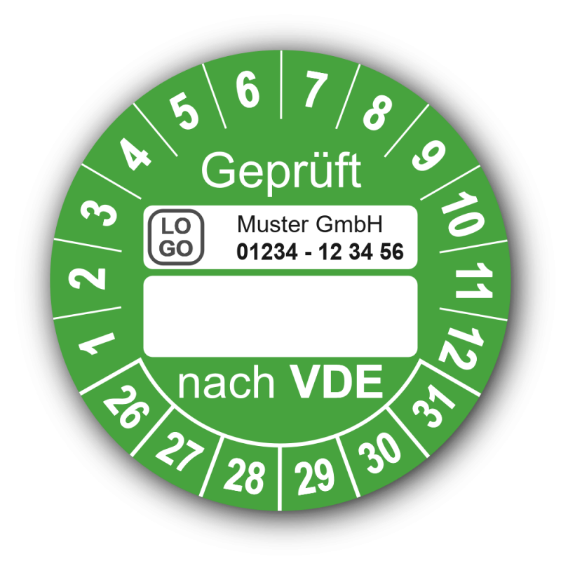 Geprüft nach VDE…, grün (zum Selbstbeschriften), mit Wunschtext