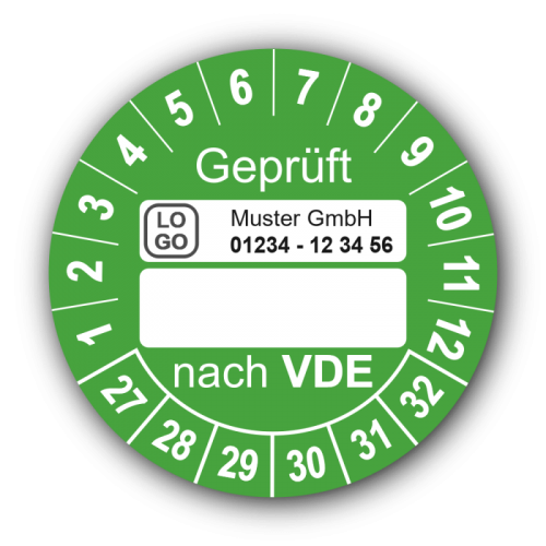 Geprüft nach VDE…, grün (zum Selbstbeschriften), mit Wunschtext