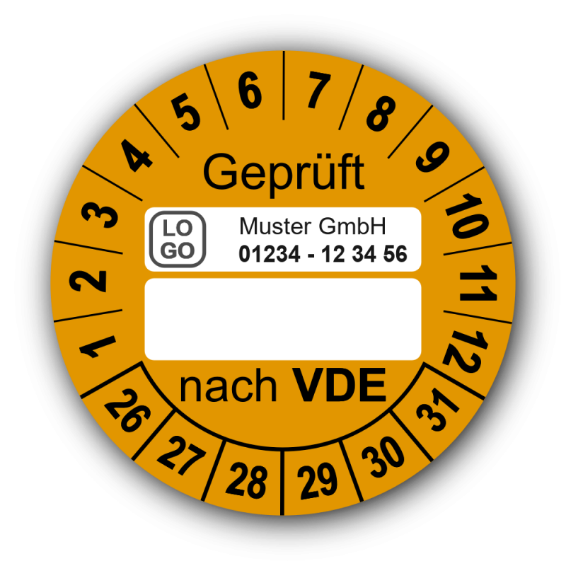 Geprüft nach VDE…, orange (zum Selbstbeschriften), mit Wunschtext