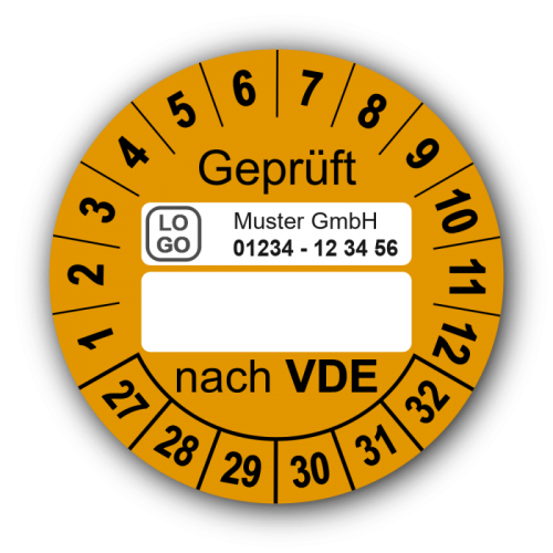 Geprüft nach VDE…, orange (zum Selbstbeschriften), mit Wunschtext