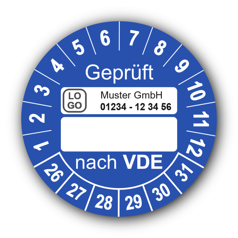 Geprüft nach VDE…, blau (zum Selbstbeschriften), mit Wunschtext