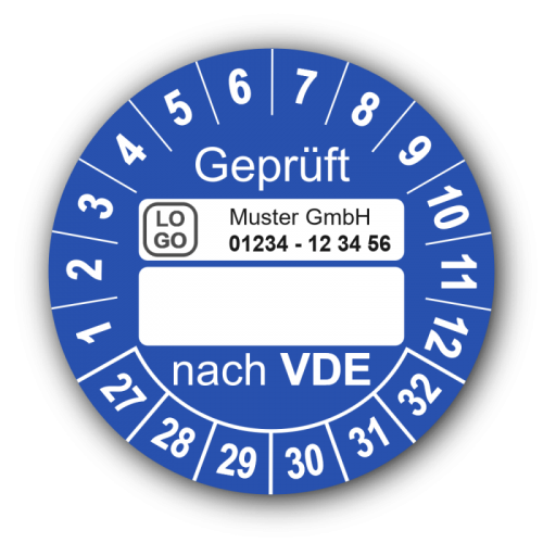 Geprüft nach VDE…, blau (zum Selbstbeschriften), mit Wunschtext