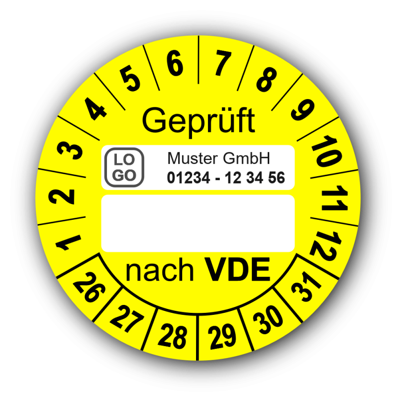 Geprüft nach VDE…, gelb (zum Selbstbeschriften), mit Wunschtext