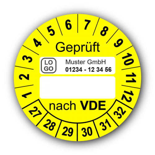 Geprüft nach VDE…, gelb (zum Selbstbeschriften), mit Wunschtext