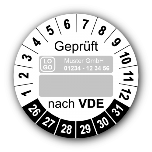 Geprüft nach VDE…, weiß (zum Selbstbeschriften), mit Wunschtext