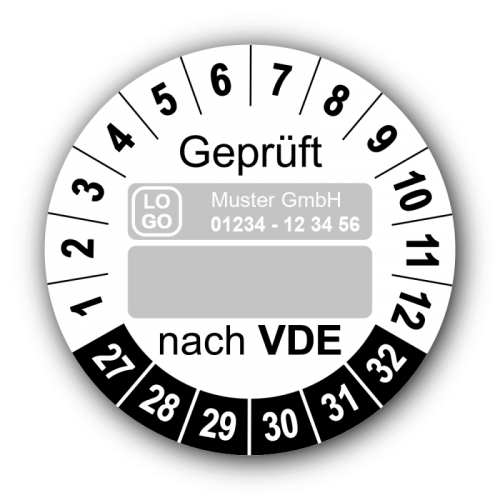 Geprüft nach VDE…, weiß (zum Selbstbeschriften), mit Wunschtext