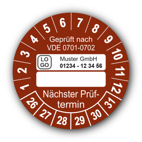 Geprüft nach VDE 0701-0702 … Nächster Prüftermin, braun (zum Selbstbeschriften), mit Wunschtext