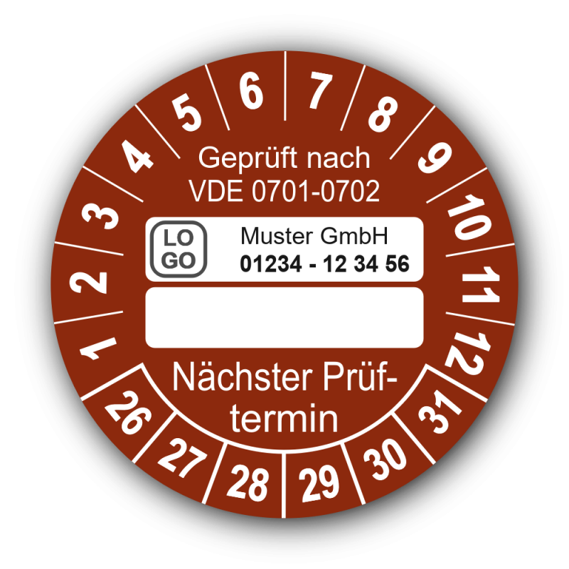Geprüft nach VDE 0701-0702 … Nächster Prüftermin, braun (zum Selbstbeschriften), mit Wunschtext