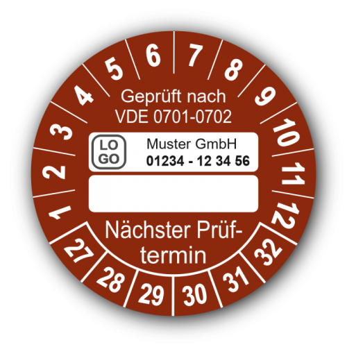 Geprüft nach VDE 0701-0702 … Nächster Prüftermin, braun (zum Selbstbeschriften), mit Wunschtext
