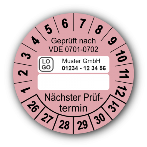 Geprüft nach VDE 0701-0702 … Nächster Prüftermin, rosa (zum Selbstbeschriften), mit Wunschtext