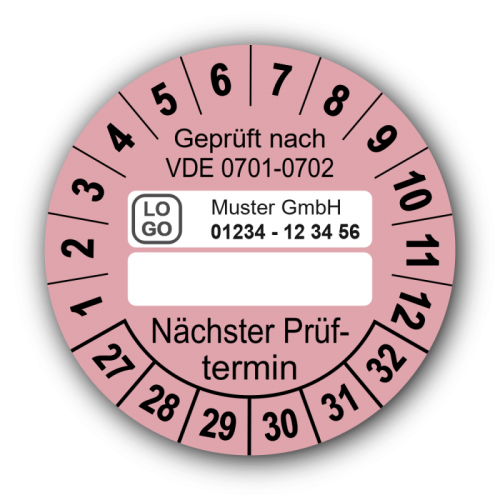 Geprüft nach VDE 0701-0702 … Nächster Prüftermin, rosa (zum Selbstbeschriften), mit Wunschtext