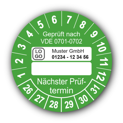 Geprüft nach VDE 0701-0702 … Nächster Prüftermin, grün (zum Selbstbeschriften), mit Wunschtext