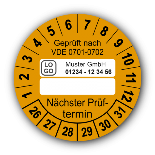 Geprüft nach VDE 0701-0702 … Nächster Prüftermin, orange (zum Selbstbeschriften), mit Wunschtext
