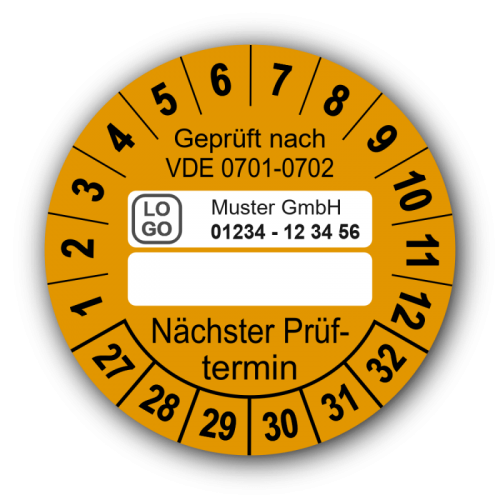 Geprüft nach VDE 0701-0702 … Nächster Prüftermin, orange (zum Selbstbeschriften), mit Wunschtext
