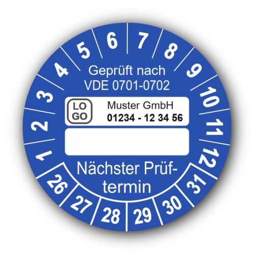 Geprüft nach VDE 0701-0702 … Nächster Prüftermin, blau (zum Selbstbeschriften), mit Wunschtext
