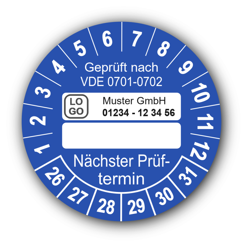 Geprüft nach VDE 0701-0702 … Nächster Prüftermin, blau (zum Selbstbeschriften), mit Wunschtext