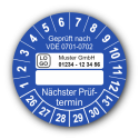 Geprüft nach VDE 0701-0702 … Nächster Prüftermin, blau (zum Selbstbeschriften), mit Wunschtext
