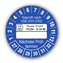 Geprüft nach VDE 0701-0702 … Nächster Prüftermin, blau (zum Selbstbeschriften), mit Wunschtext