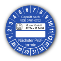 Geprüft nach VDE 0701-0702 … Nächster Prüftermin, blau (zum Selbstbeschriften), mit Wunschtext