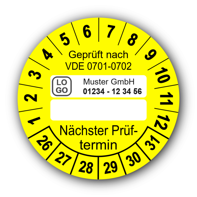 Geprüft nach VDE 0701-0702 … Nächster Prüftermin, gelb (zum Selbstbeschriften), mit Wunschtext