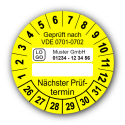 Geprüft nach VDE 0701-0702 … Nächster Prüftermin, gelb (zum Selbstbeschriften), mit Wunschtext