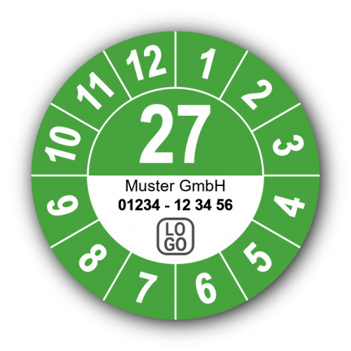 Jahresprüfplakette mit zweistelliger Jahreszahl, 2027, mit Wunschtext