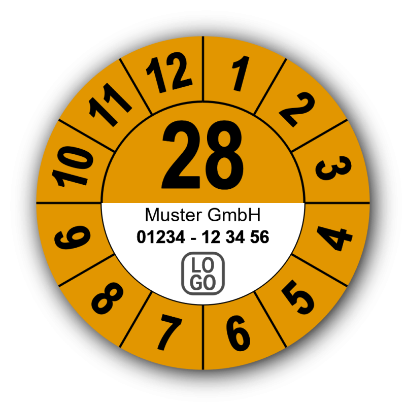 Jahresprüfplakette mit zweistelliger Jahreszahl, 2028, mit Wunschtext