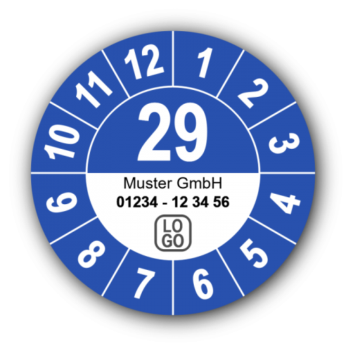 Jahresprüfplakette mit zweistelliger Jahreszahl, 2029, mit Wunschtext